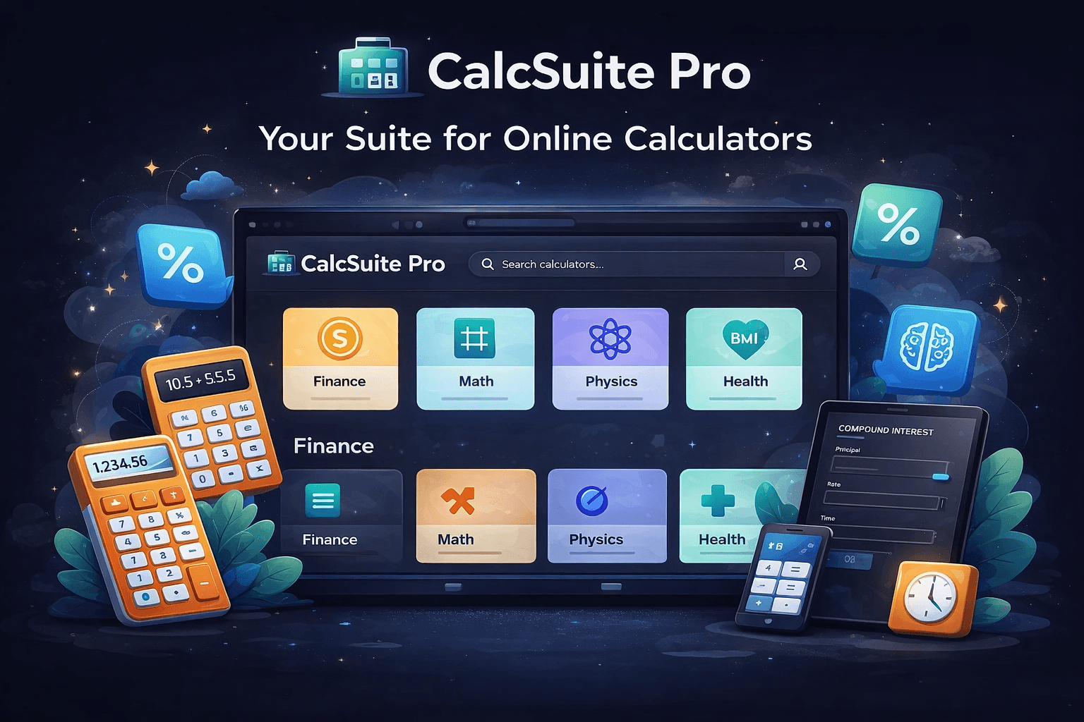 CalcSuite Pro calculators dashboard screenshot dark theme